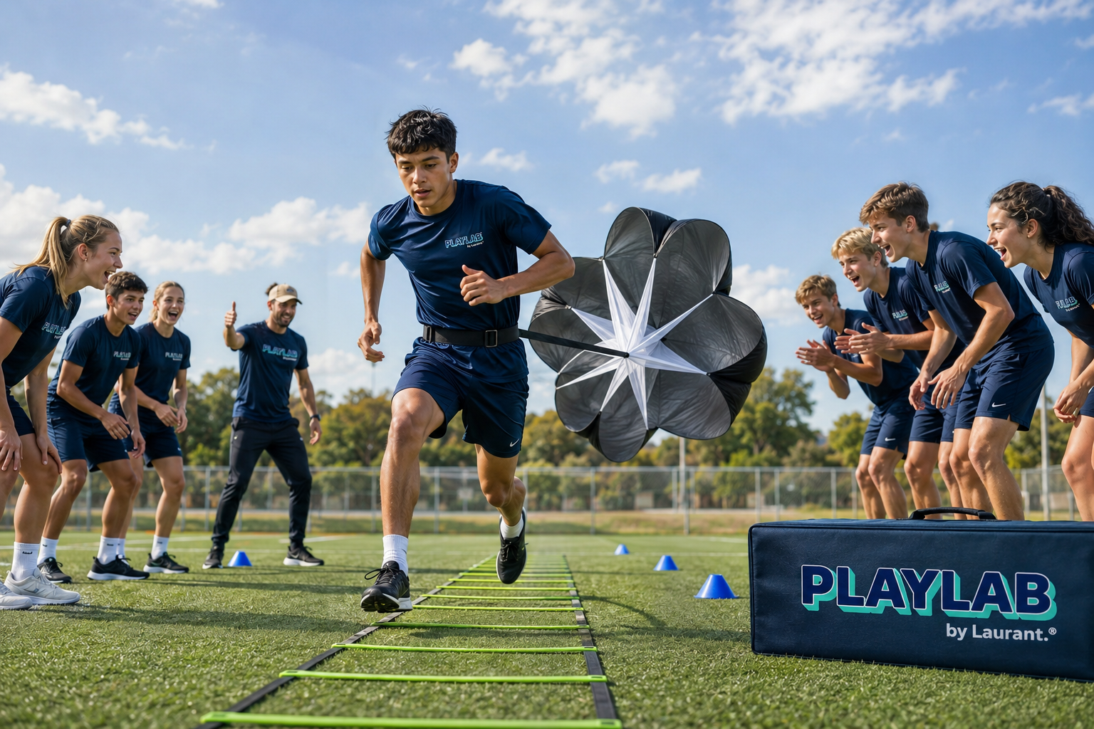Jonge sporter met loopladder en sprintparachute