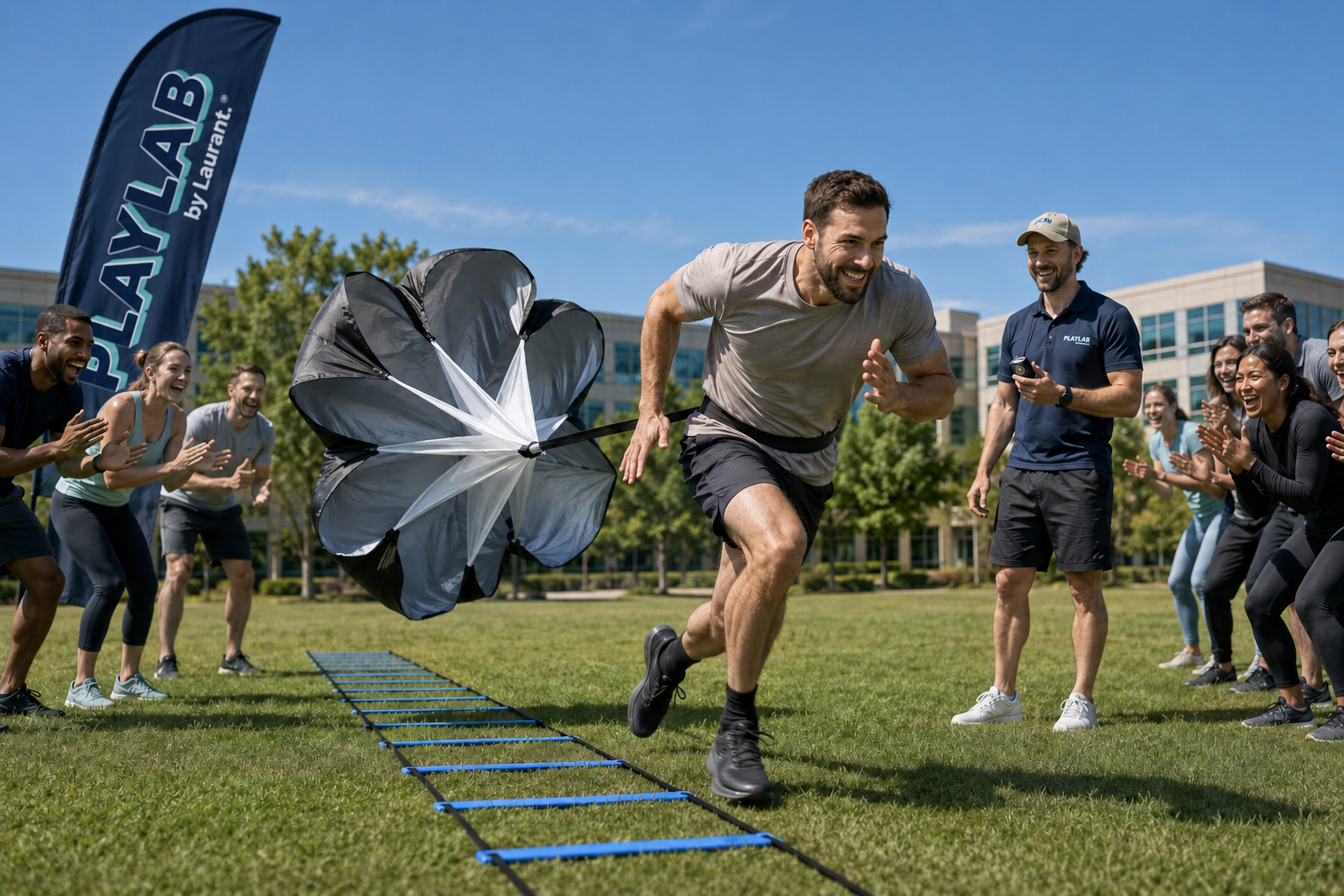 Volwassen deelnemer met loopladder en sprintparachute